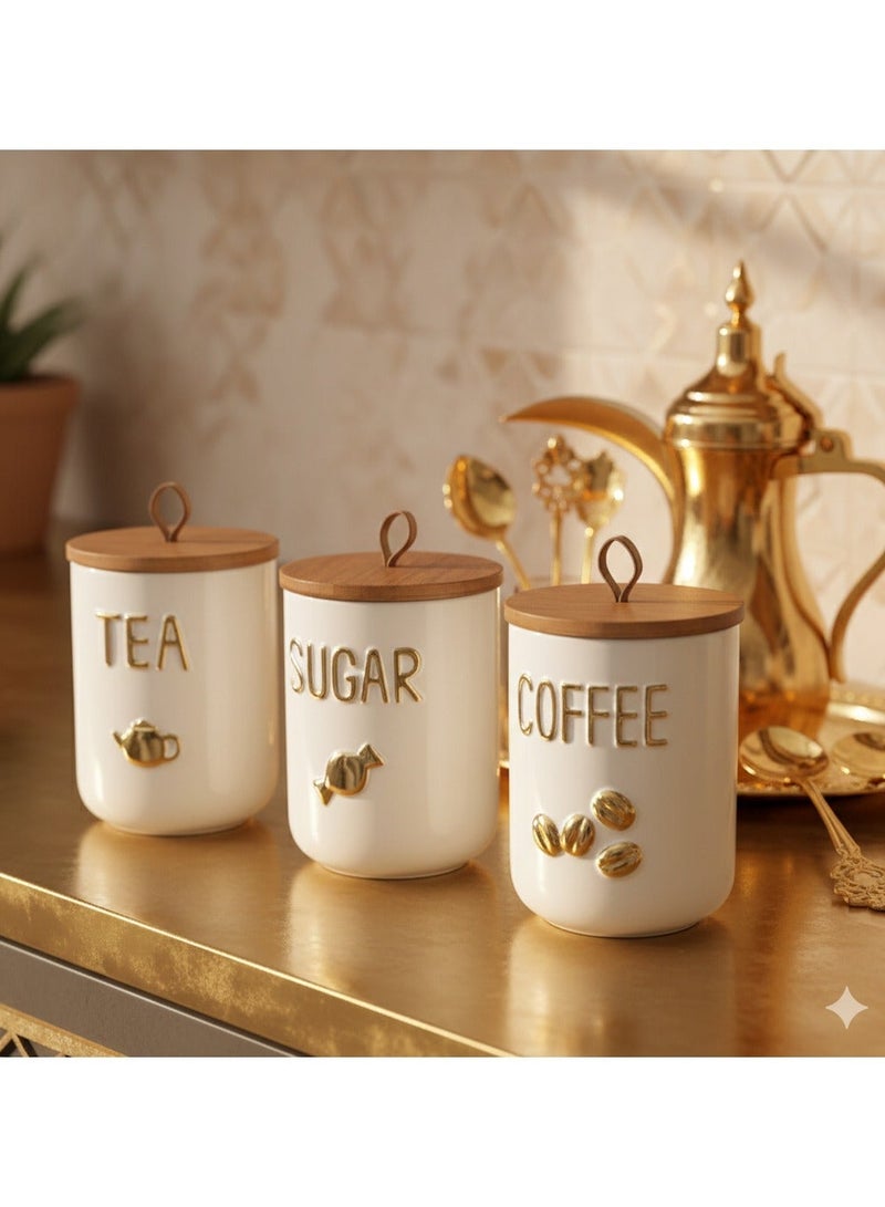 جرة تخزين السيراميك ماتي مع غطاء الخشب الصلب - وصفت الذهبي لشاي رمضان / القهوة / السكر ، مختومة المنزل المنظم - Image 1